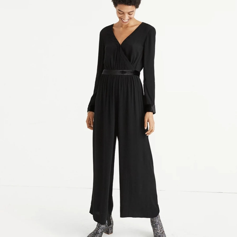 Madewell Long-Sleeve Black Tie Jumpsuit w/ Velvet NWT
